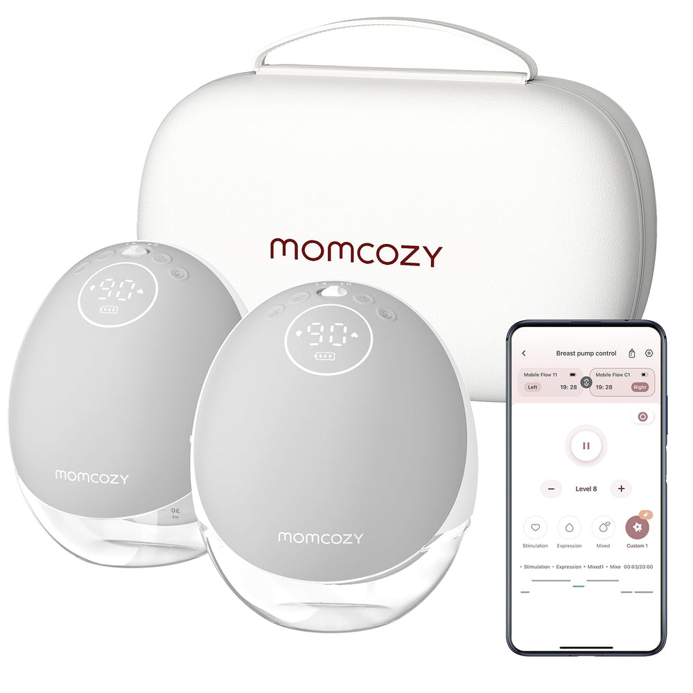 Momcozy M9 wearable pump with app control enables cordless hands-free pumping.