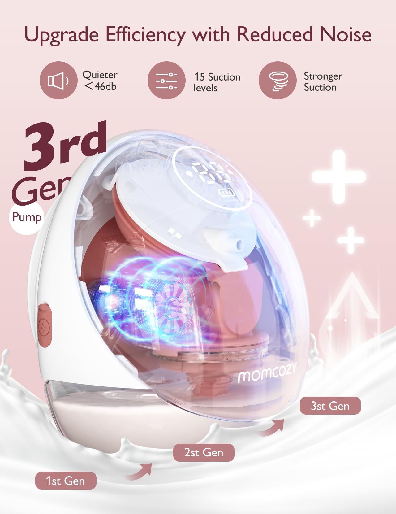 Momcozy M9 wearable pump Milk Boost mode enhances pumping comfort.