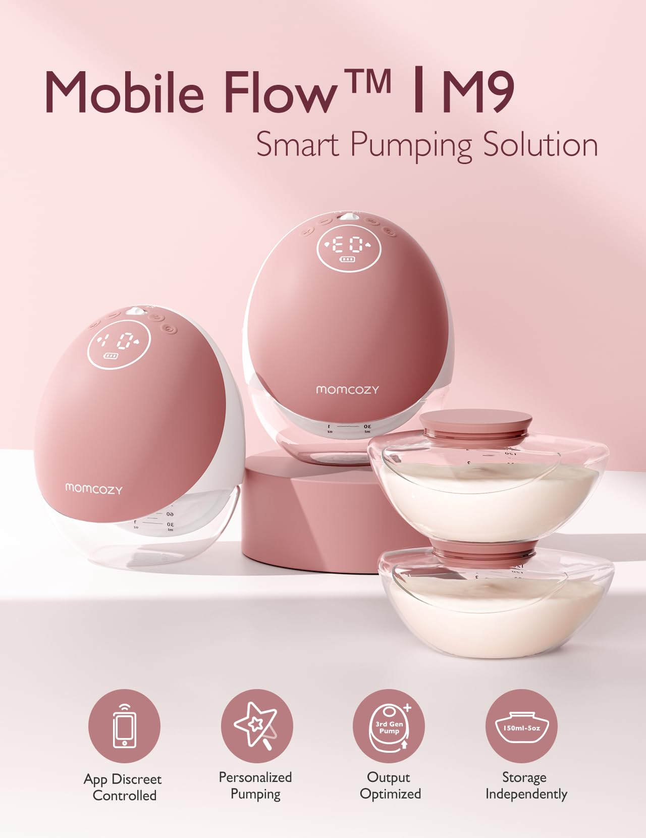 Momcozy M9 wearable pump Milk Relief mode boosts comfort during pumping.