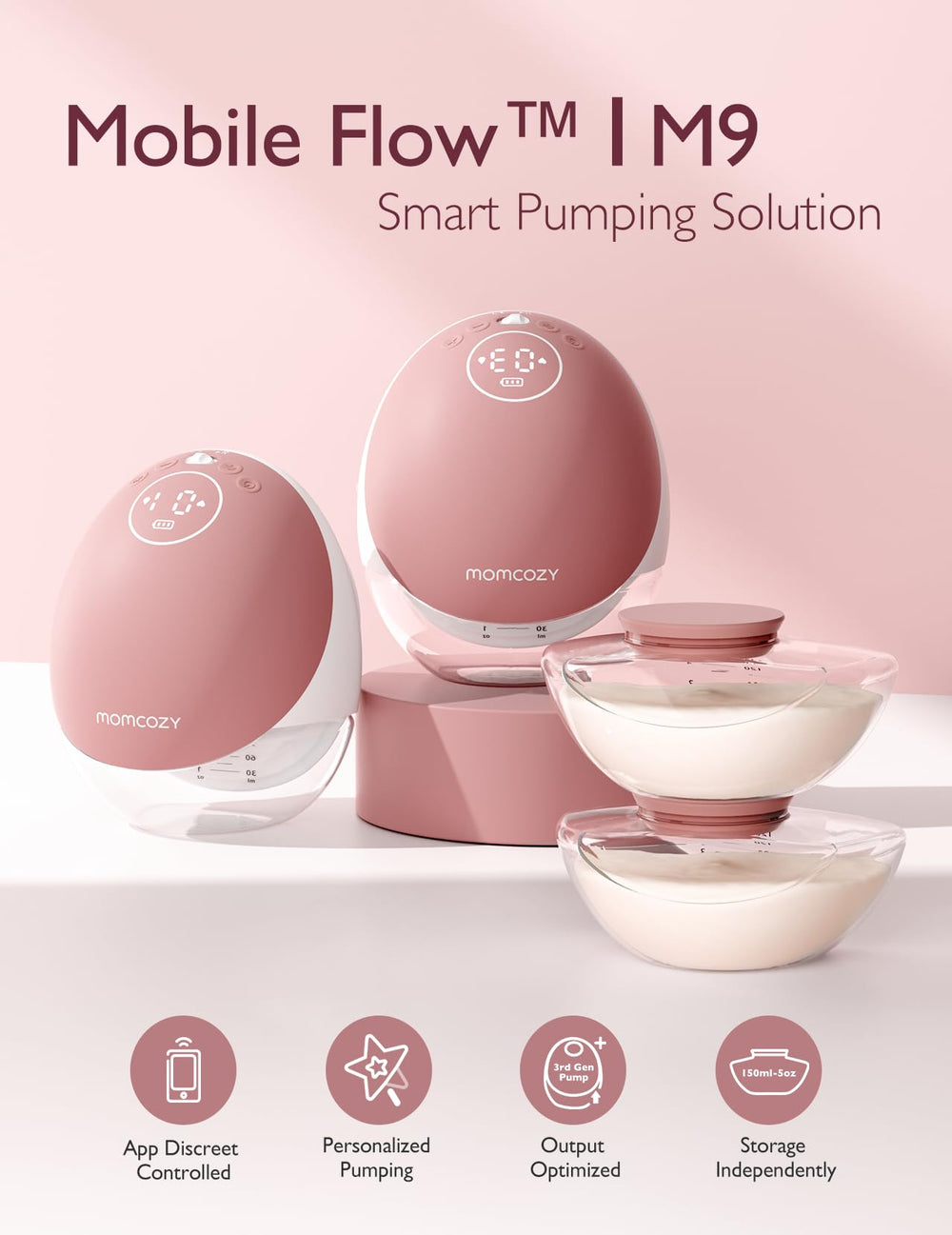 Momcozy M9 wearable pump Milk Relief mode boosts comfort during pumping.