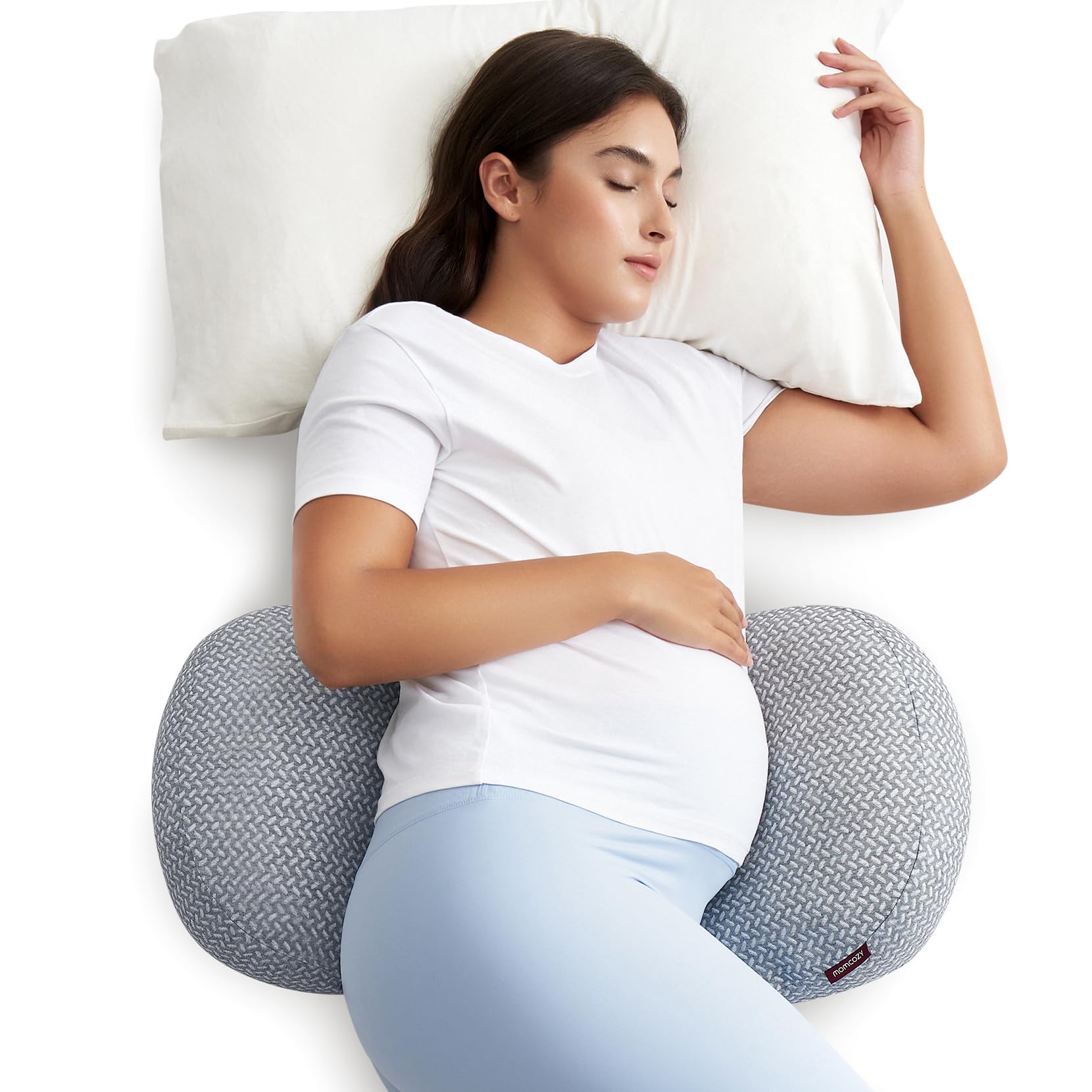 Momcozy memory foam pregnancy pillow in W shape cradles belly and back for comfort
