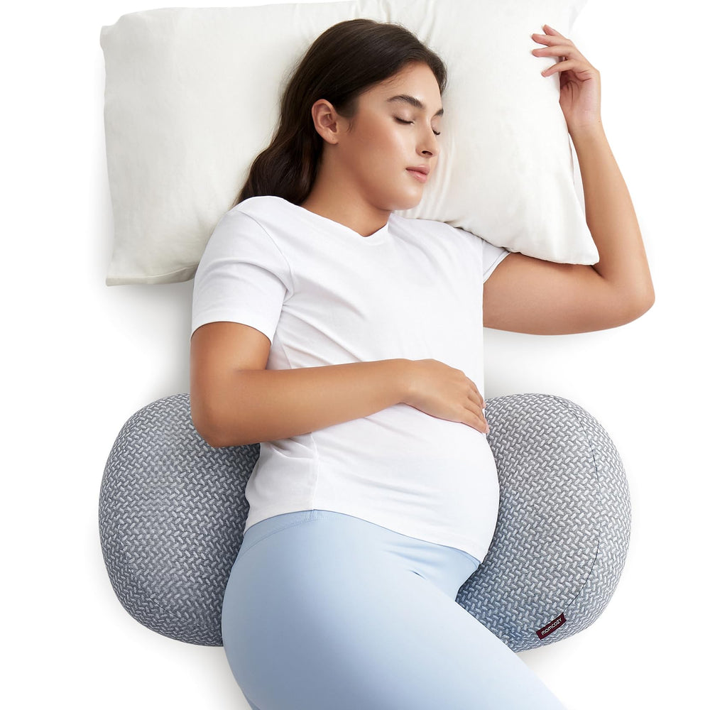 Momcozy memory foam pregnancy pillow in W shape cradles belly and back for comfort