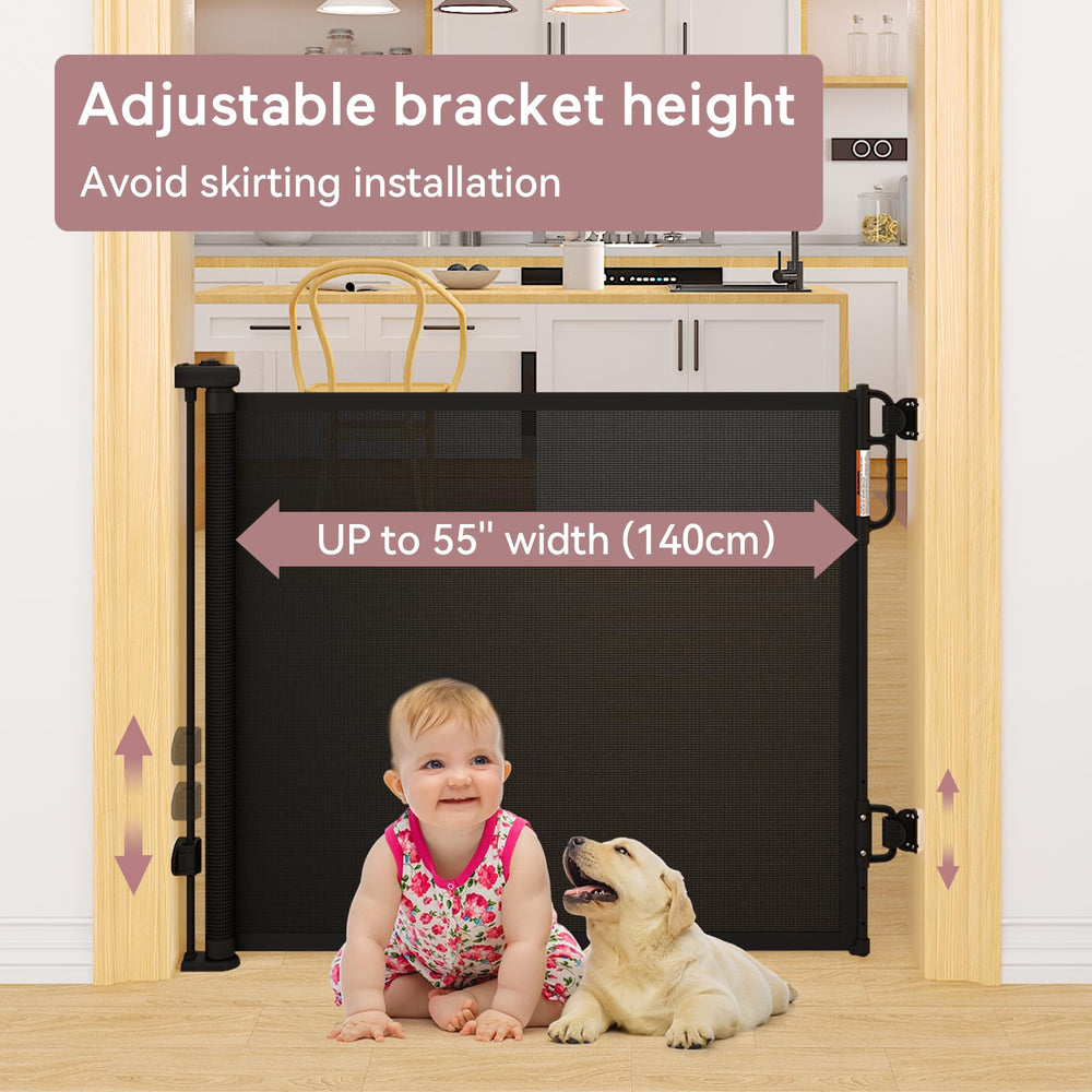 Momcozy mesh baby gate in doorway setup showcasing space-saving retractable design.