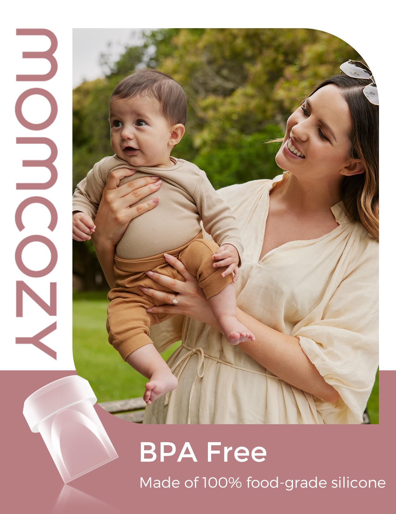 Momcozy M6 silicone closeup highlights BPA-free, food-grade material for milk contact.