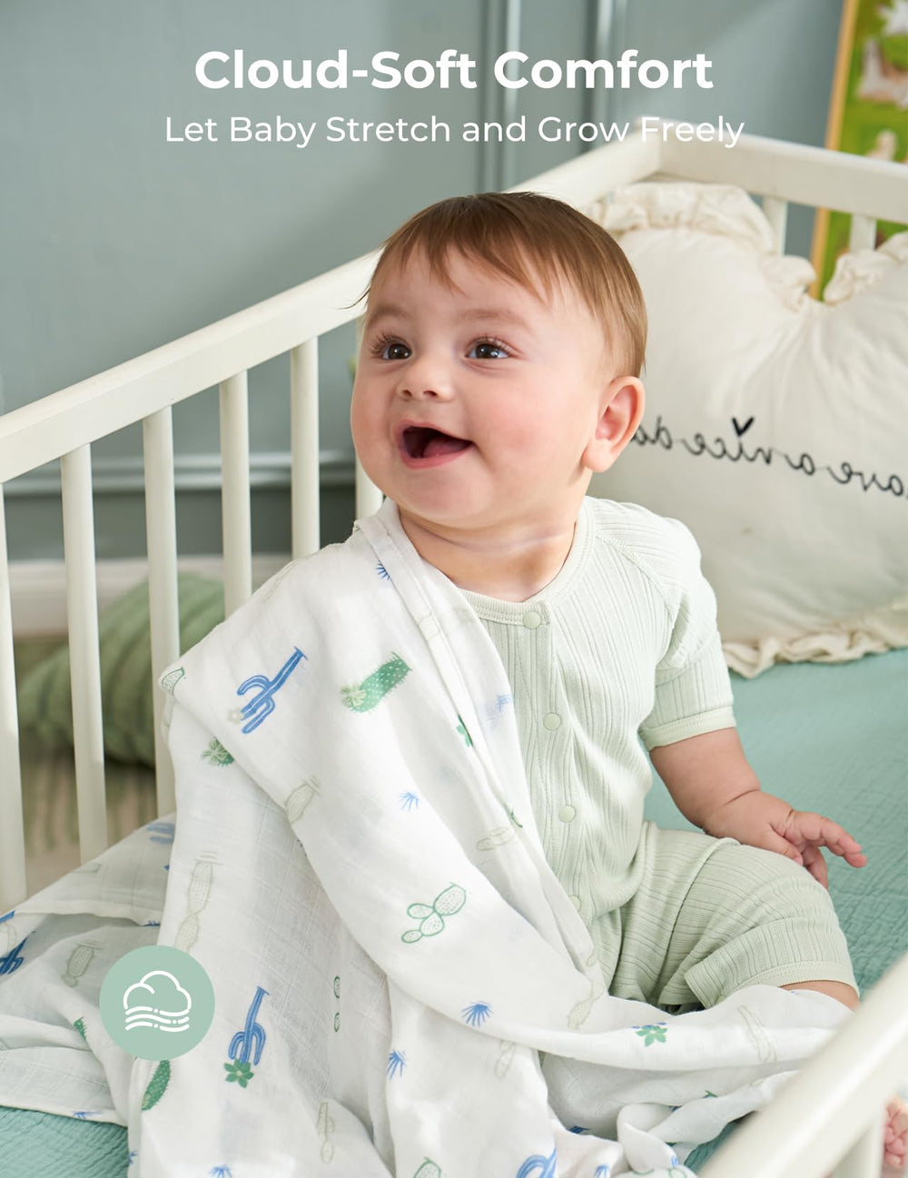 Momcozy breathable fabric, airy double-layer gauze promotes airflow and temperature balance.