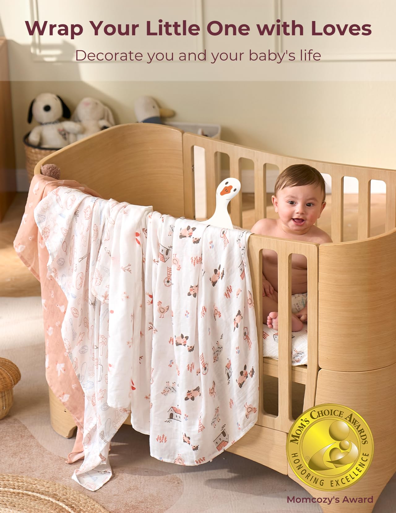 Nursery scene with Momcozy swaddle illustrates versatile use as cover or sunshade