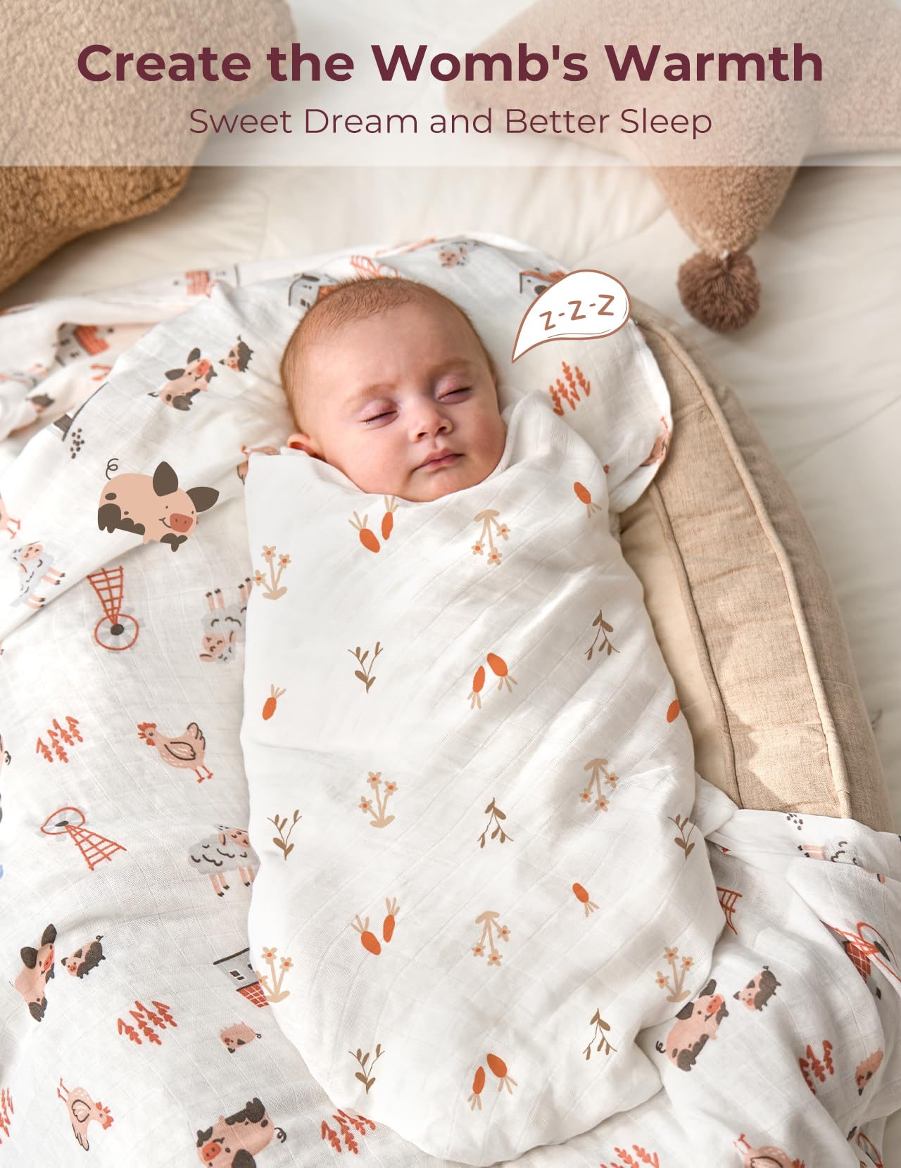 Pasture Pals print on Momcozy swaddle demonstrates breathable fabric and playful design