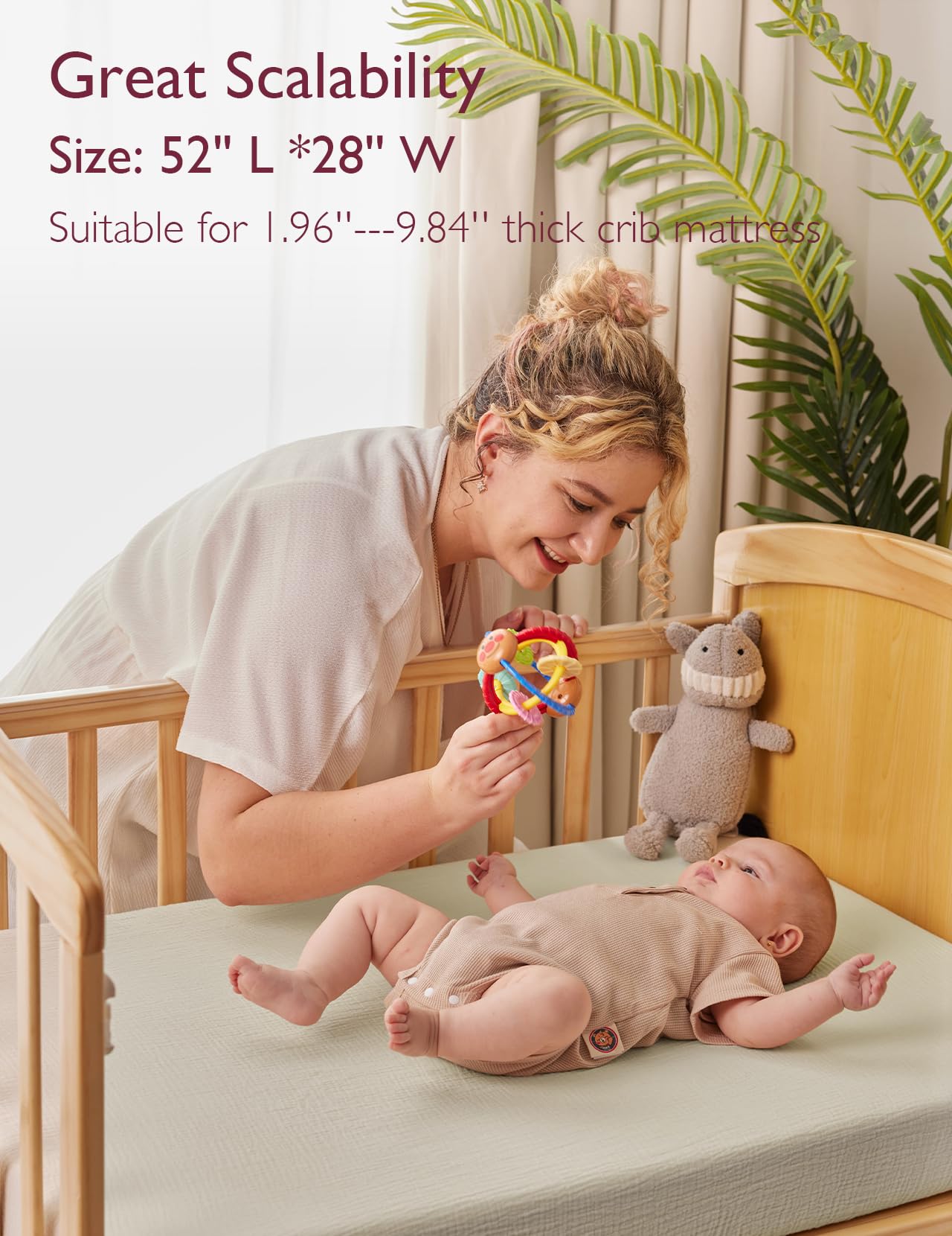 Momcozy crib-sheet-anti-slip-wrapping demonstrates 360° wrap for secure fit.