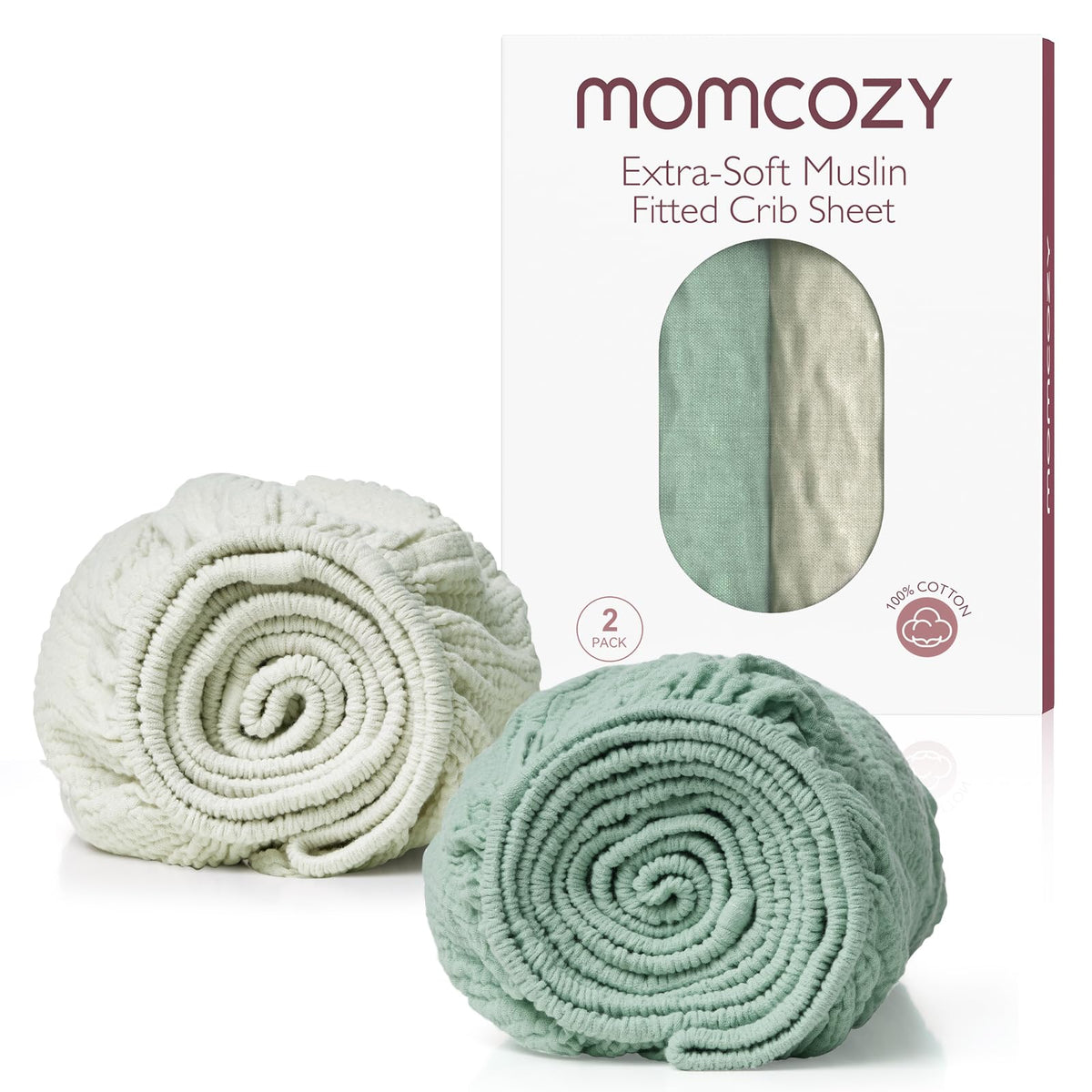Momcozy muslin mini crib sheets two-pack for Pack N Play, soft and cozy.