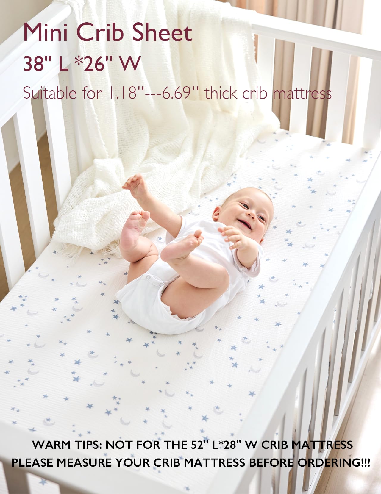 Momcozy Muslin Mini Crib Sheets on a crib mattress, soft breathable cotton
