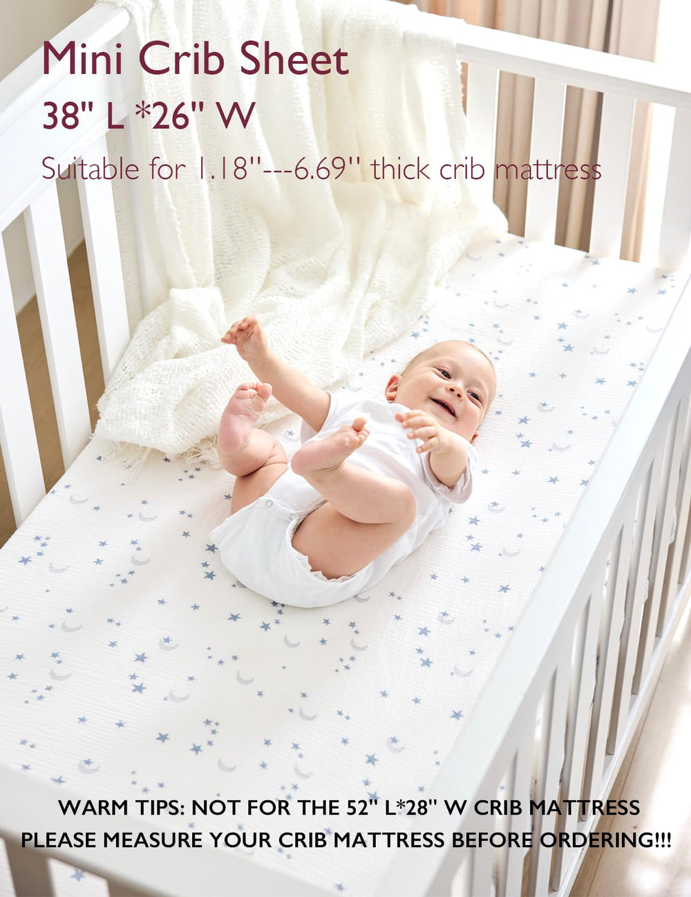 Momcozy Muslin Mini Crib Sheets on a crib mattress, soft breathable cotton