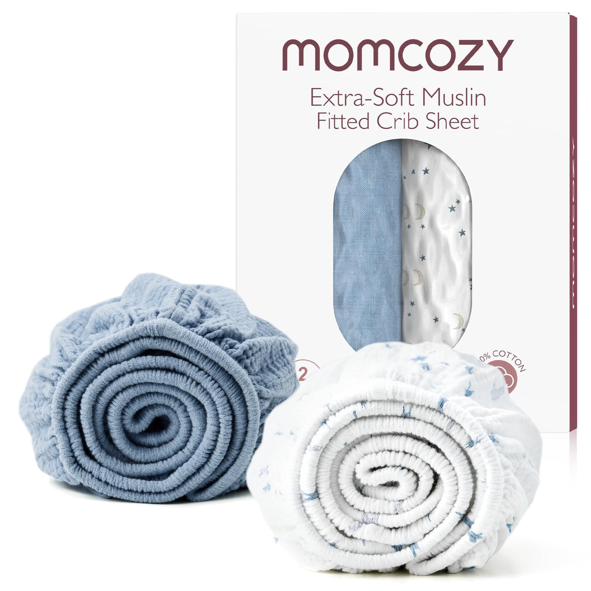 Momcozy Muslin Mini Crib Sheets Blue Star Moon packaging shows the 2-pack