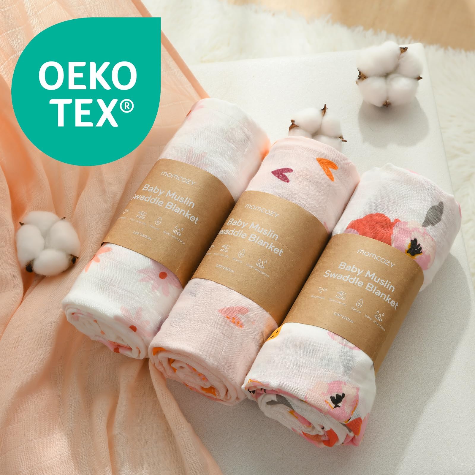 Momcozy muslin swaddle blanket 4-pack display shows color variety for family use