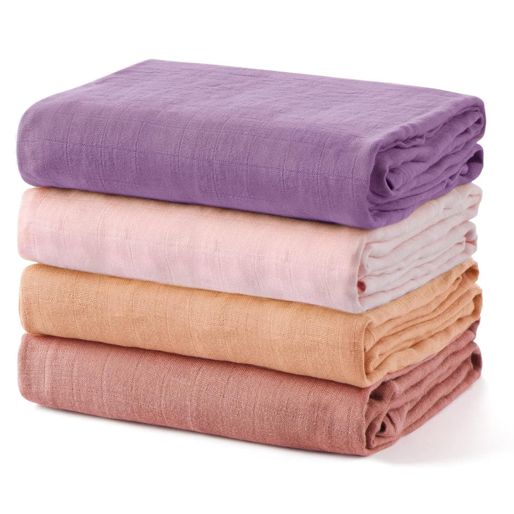 Momcozy swaddle blanket 4-pack laid flat in soft earth tones.