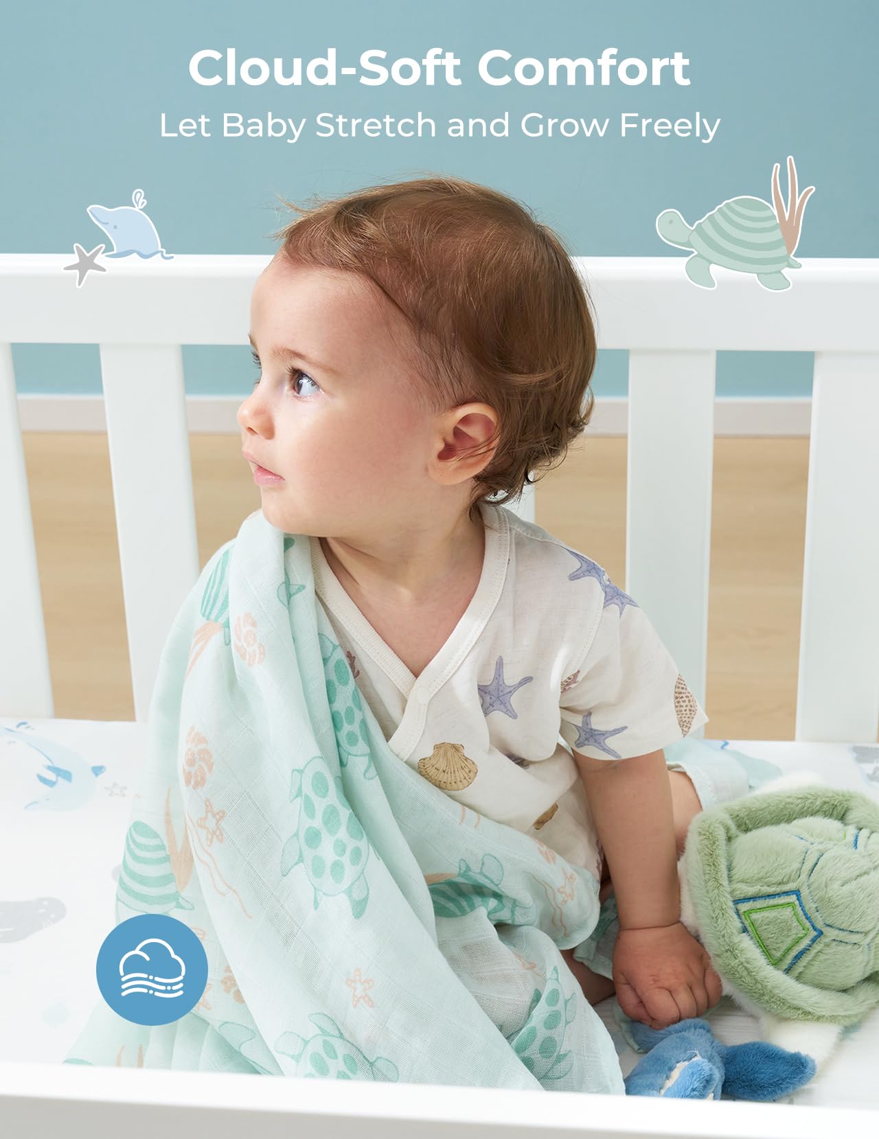 Momcozy multiuse swaddle blanket serves as burp cloth, nursing cover, or sunshade.