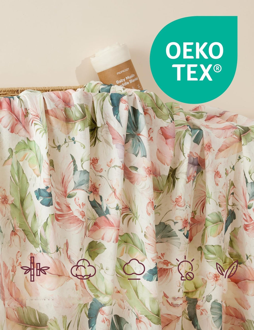 Momcozy Plant Kingdom 47x47 large size for versatile swaddling and cozy wrap.
