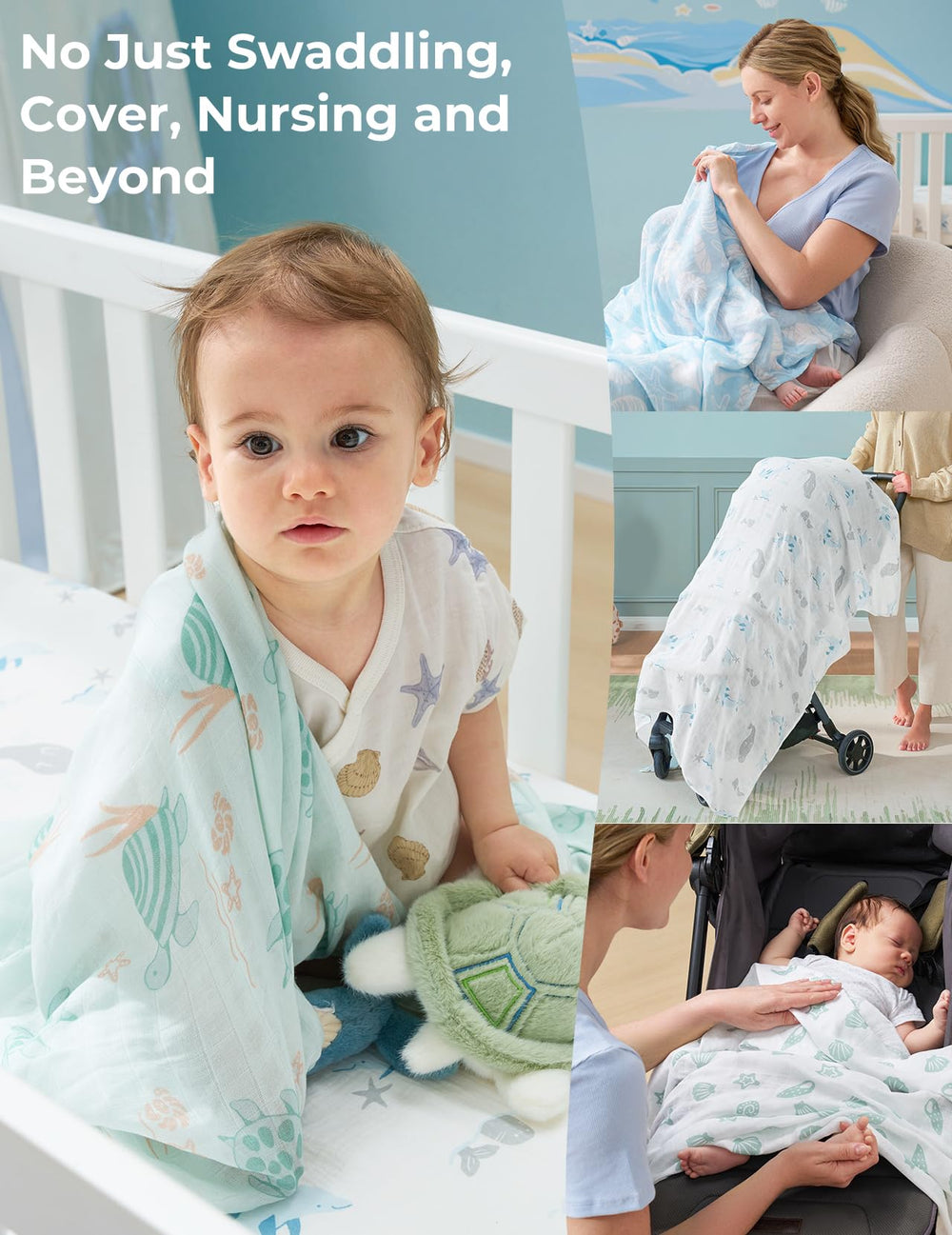 Momcozy 47x47 blanket adapts for travel, picnics, and stroller cover needs.