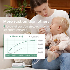 Momcozy nasal aspirator suction control close-up highlights nine levels.