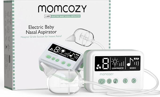 Momcozy nasal aspirator top view shows compact bedside-ready design.