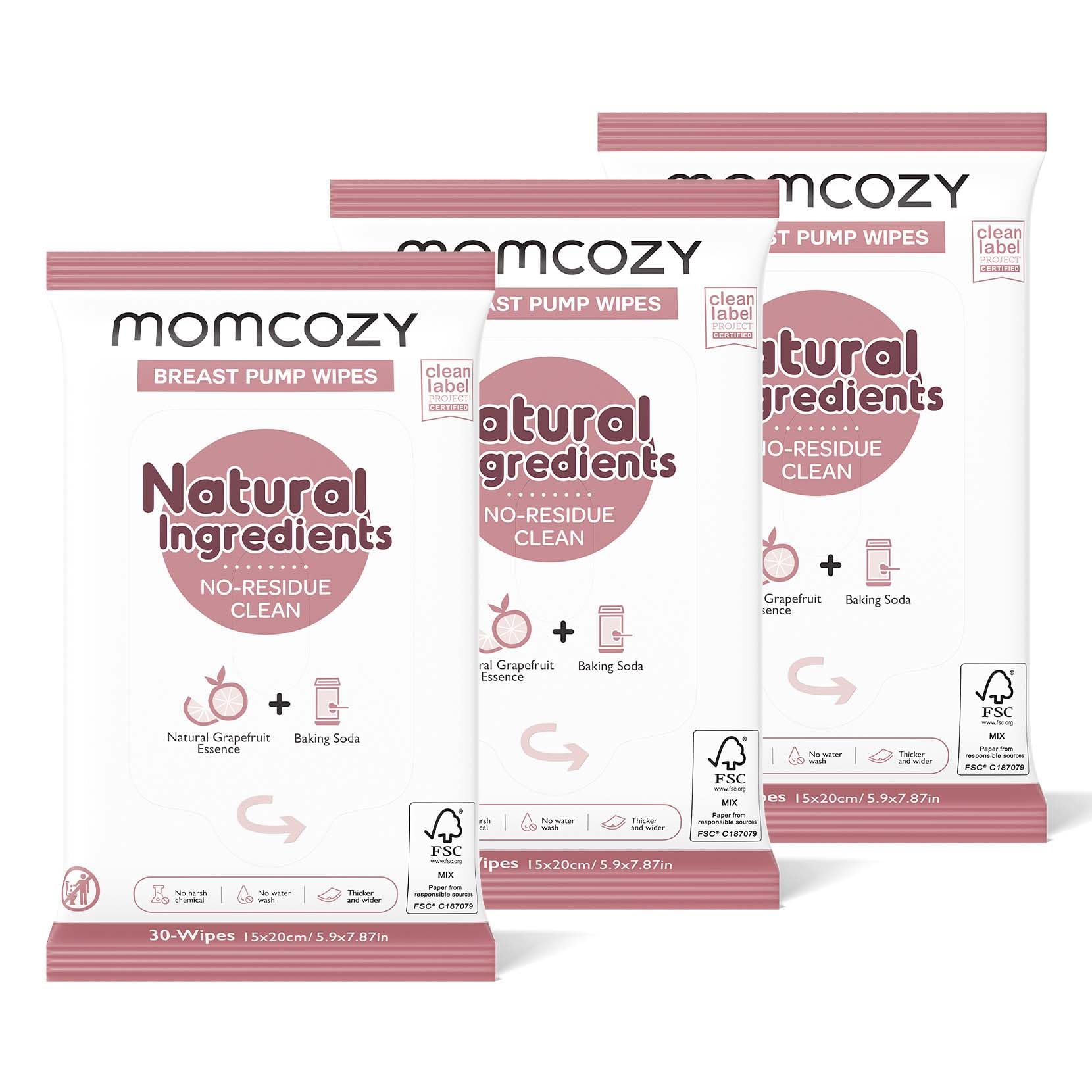 Momcozy natural breast pump wipes outer pack shows a convenient three-pack for on-the-go cleaning