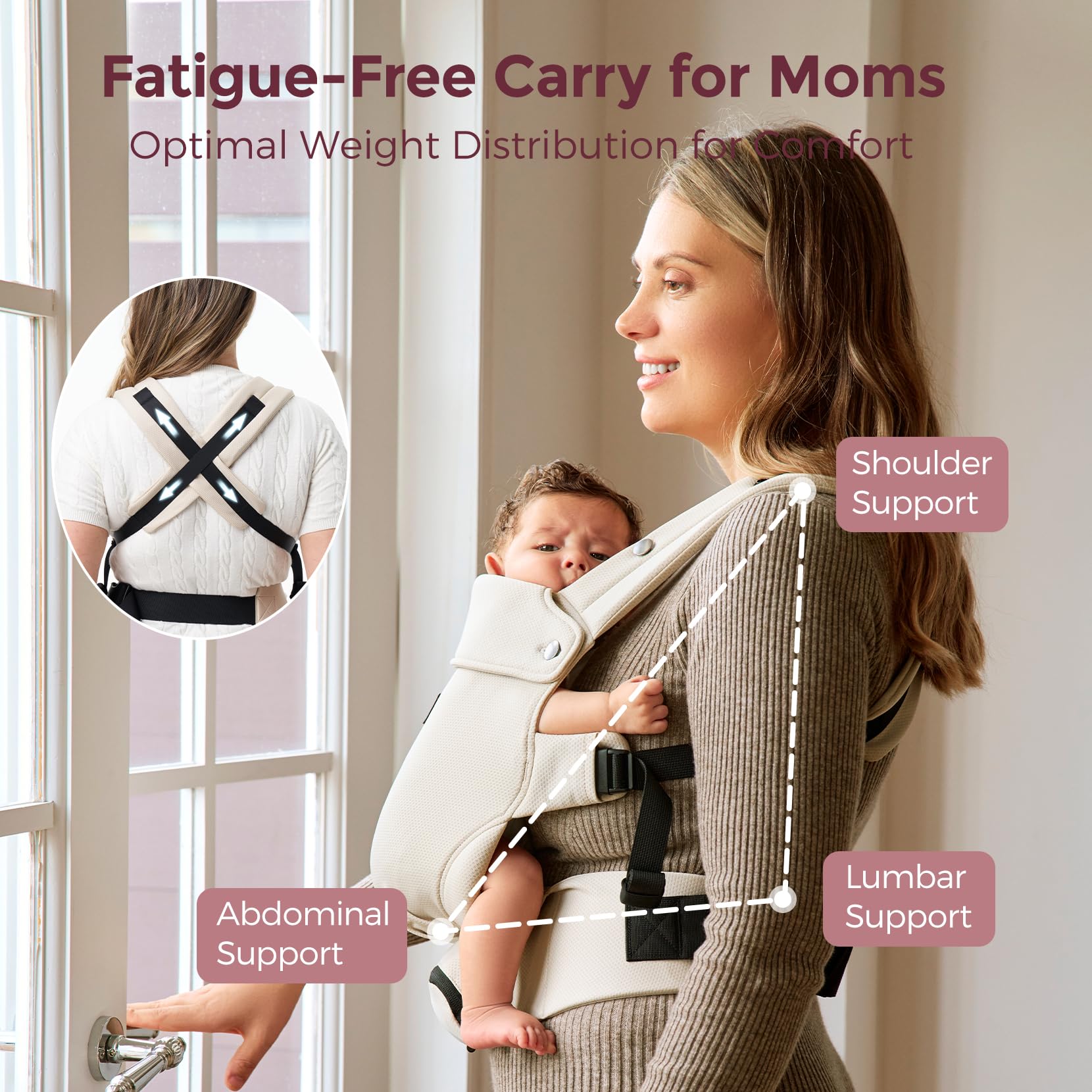 Momcozy newborn carrier hip-healthy M-shape design supports comfortable hips