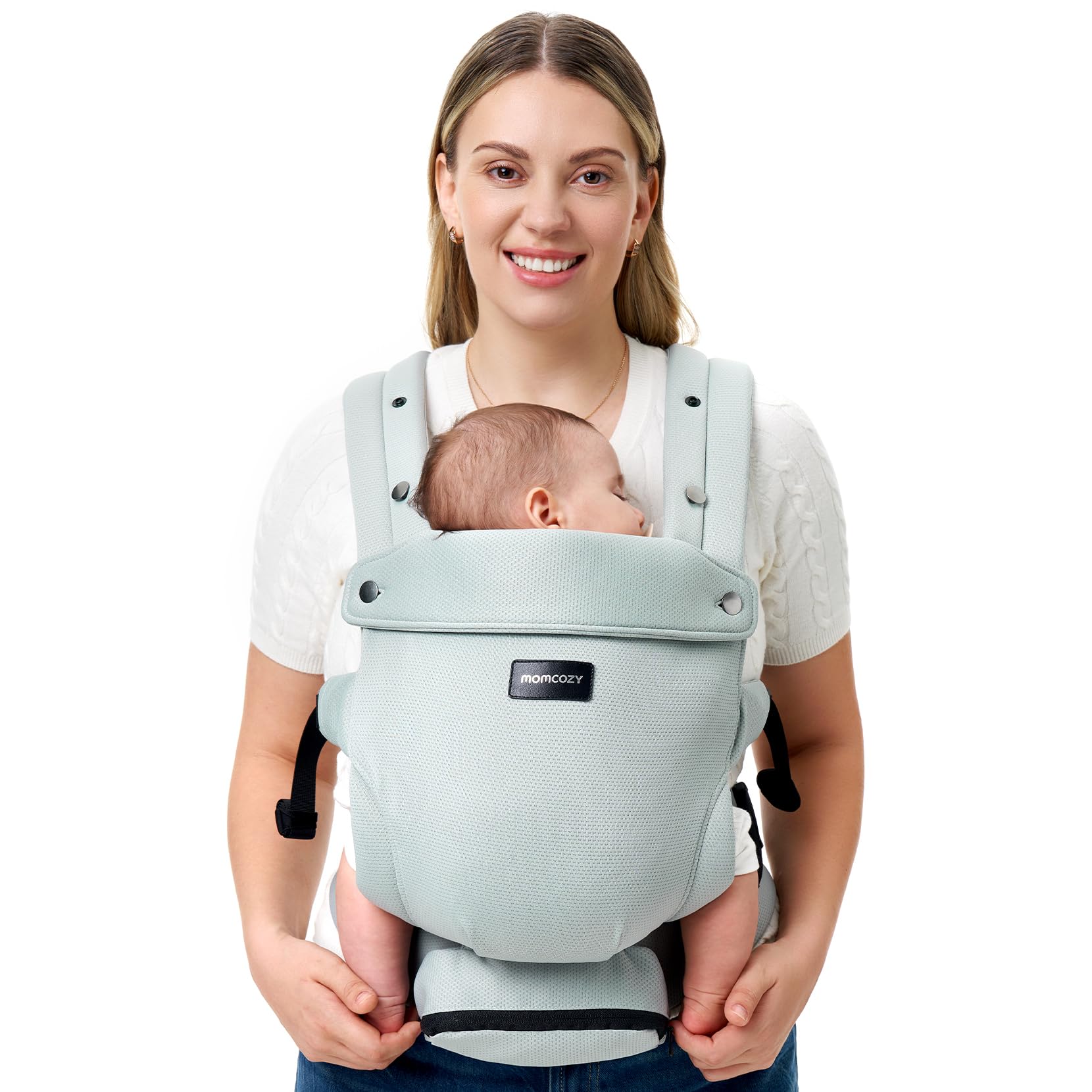 Momcozy newborn carrier silver grey front view highlights ergonomic support for newborn comfort.