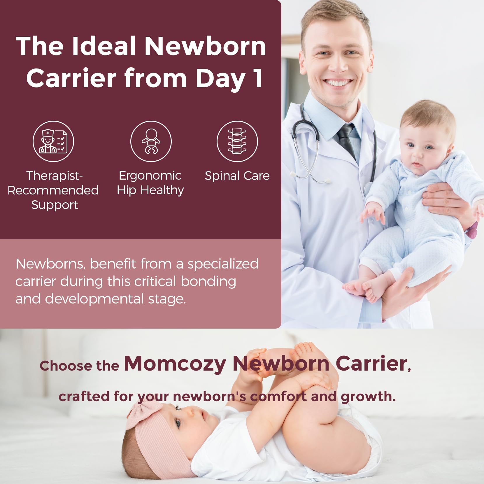 Momcozy newborn carrier silver grey shoulder straps highlight padded comfort for parents.
