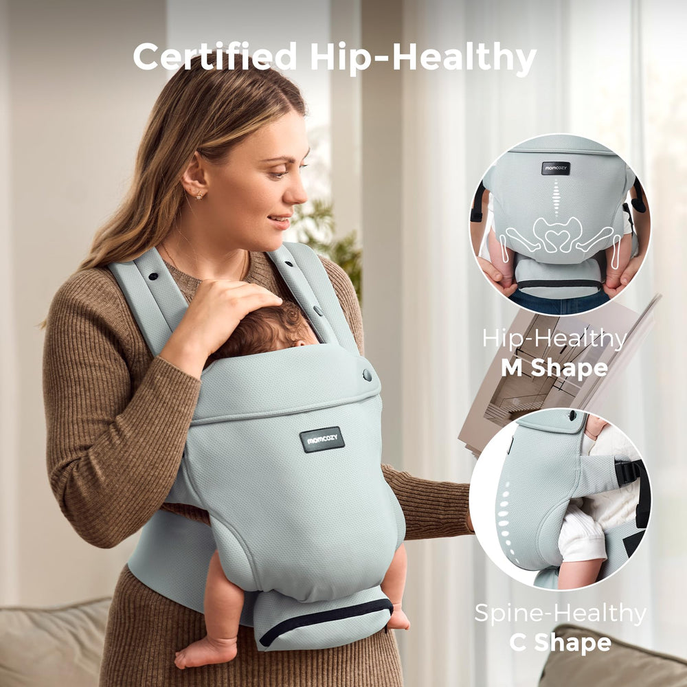 Momcozy newborn carrier silver grey sunshield removable demonstrates shade during sunny outings.