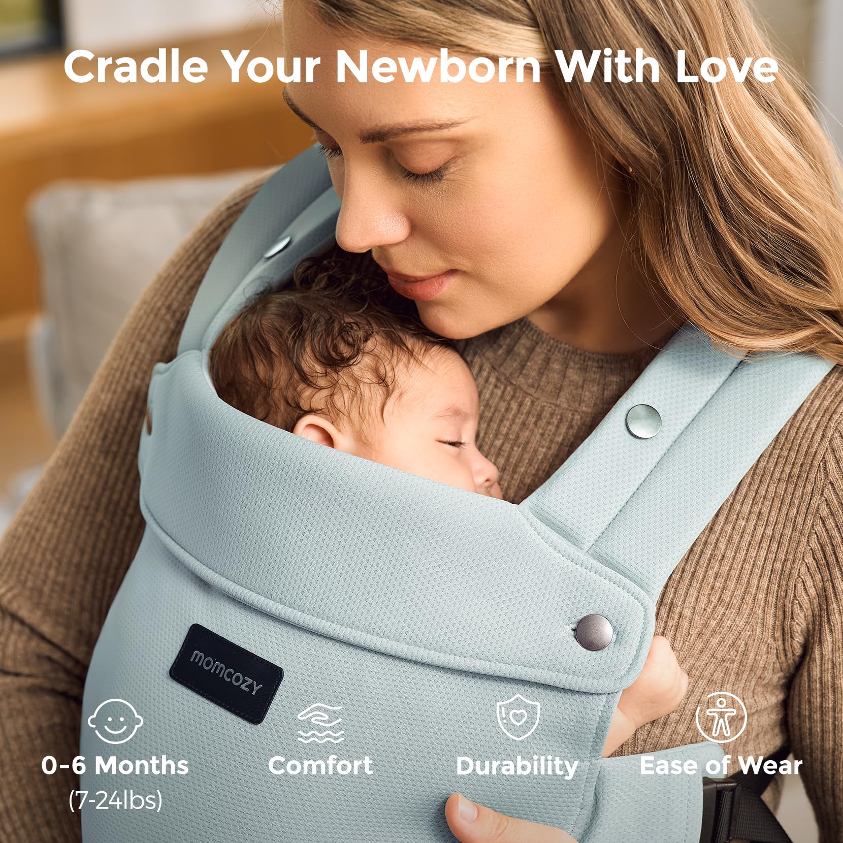 Momcozy newborn carrier silver grey waist support demonstrates stable weight distribution during wear.