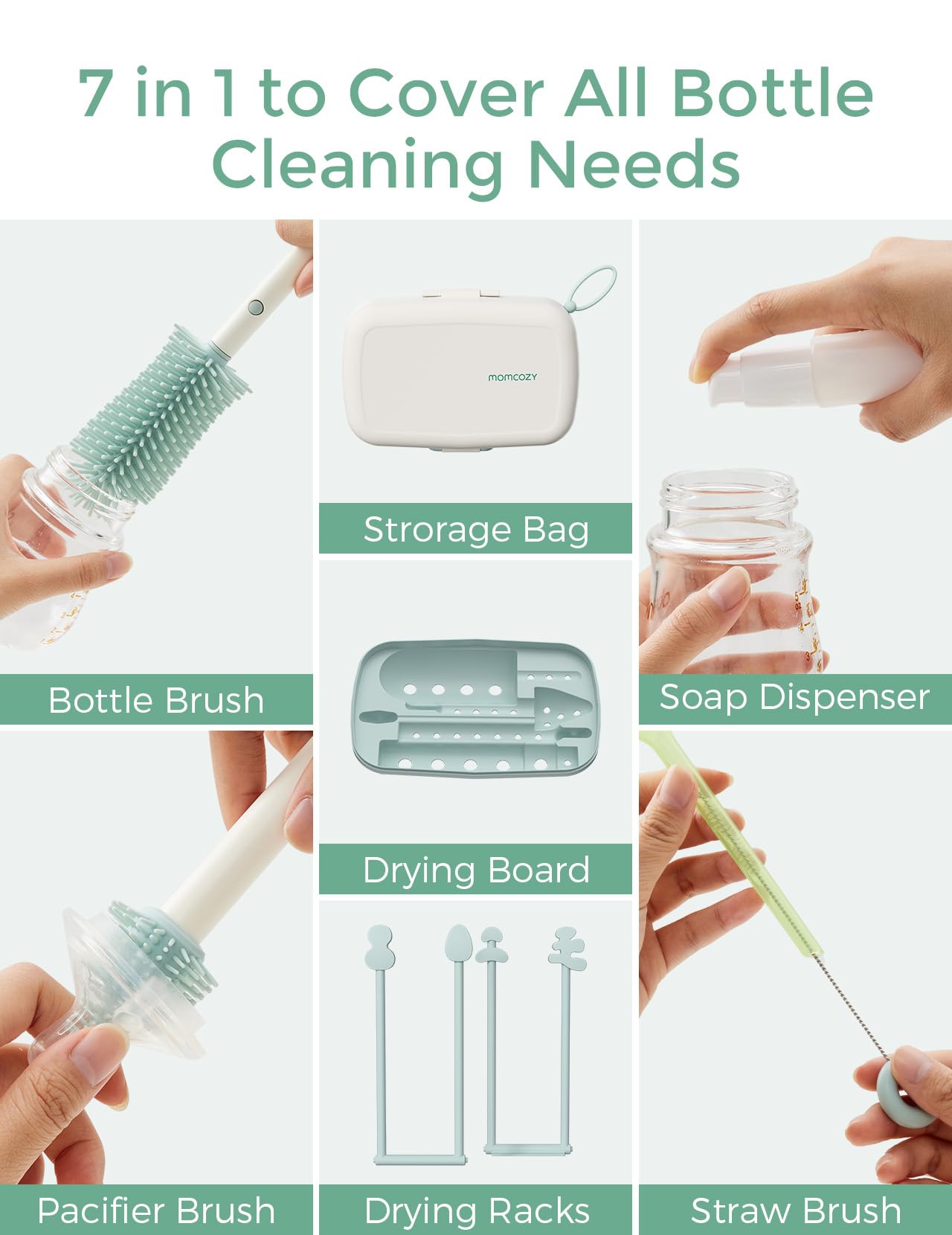 Momcozy nipple brush focuses on gentle, thorough cleaning for baby bottles.