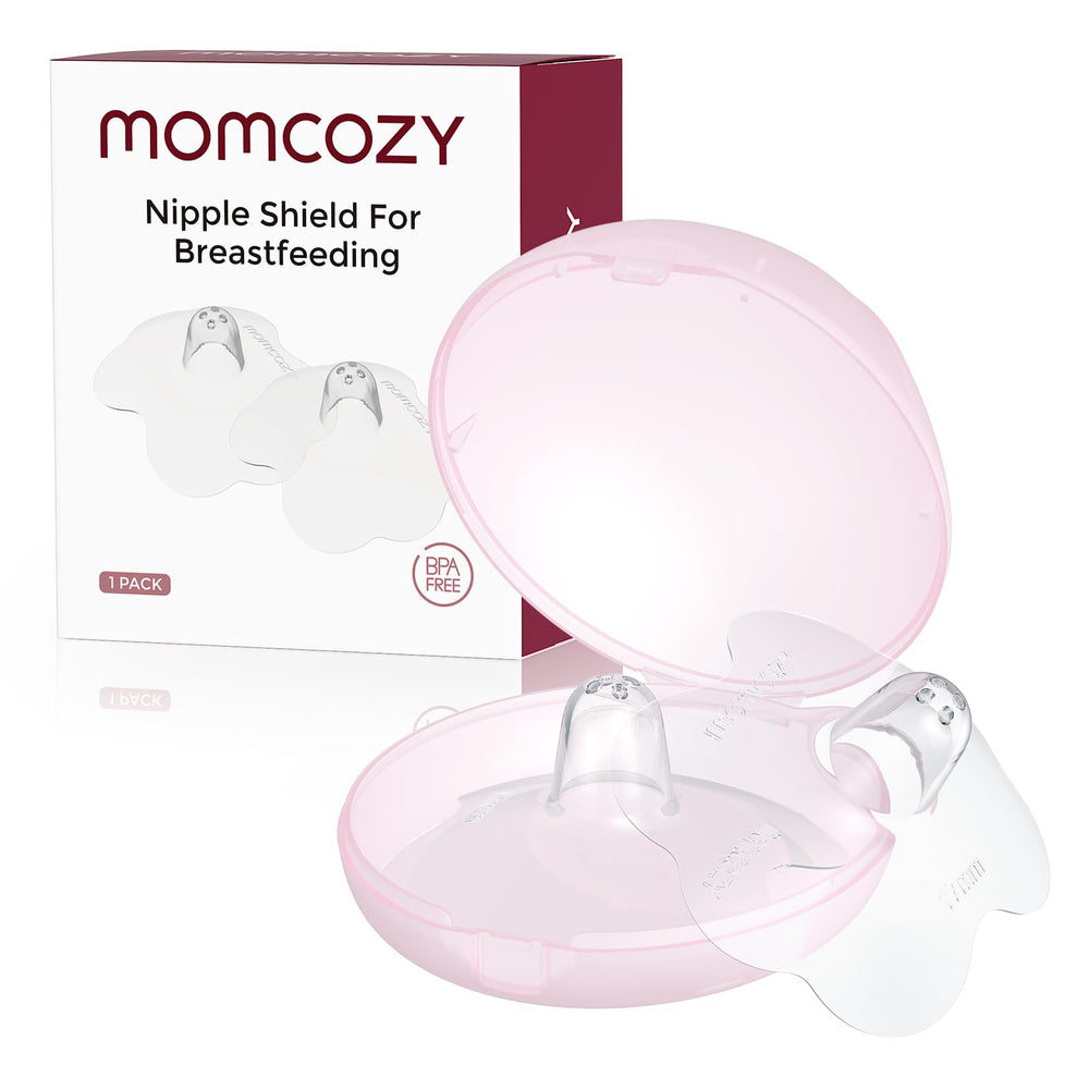Momcozy nipple shield with flower design provides gentle support during feeding.