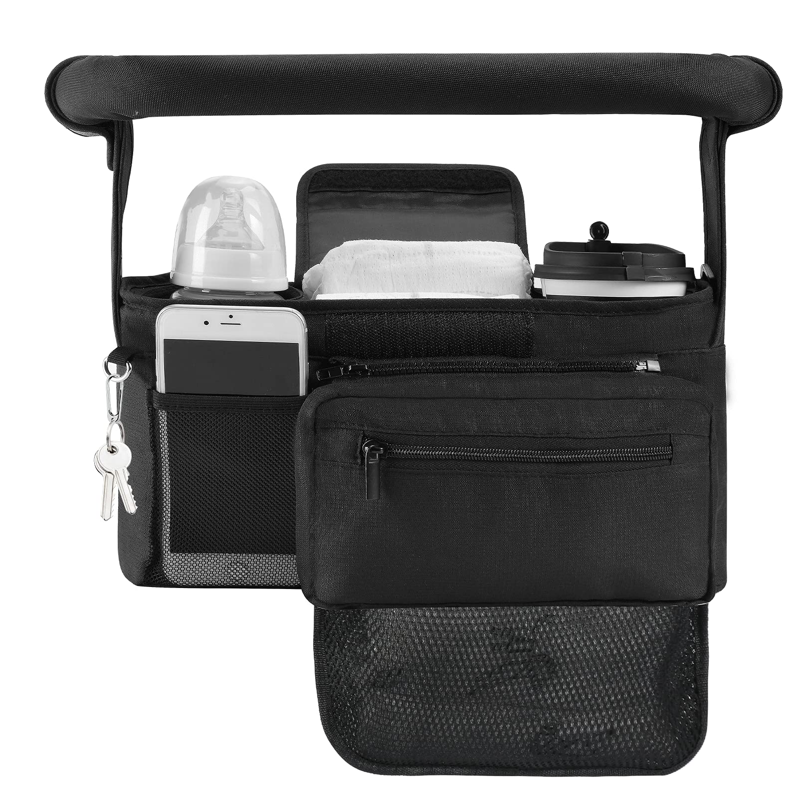 Momcozy non-slip stroller organizer front view keeps essentials within reach during a stroll.