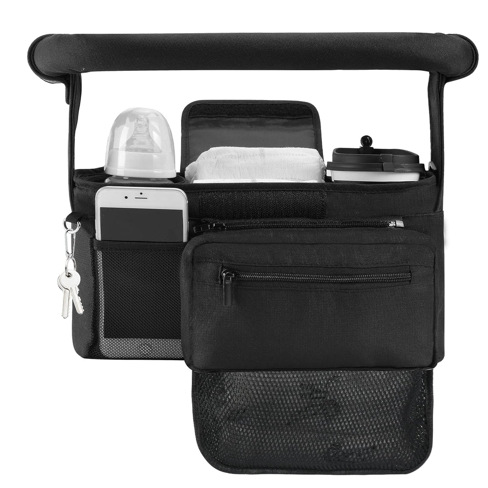 Momcozy non-slip stroller organizer front view keeps essentials within reach during a stroll.