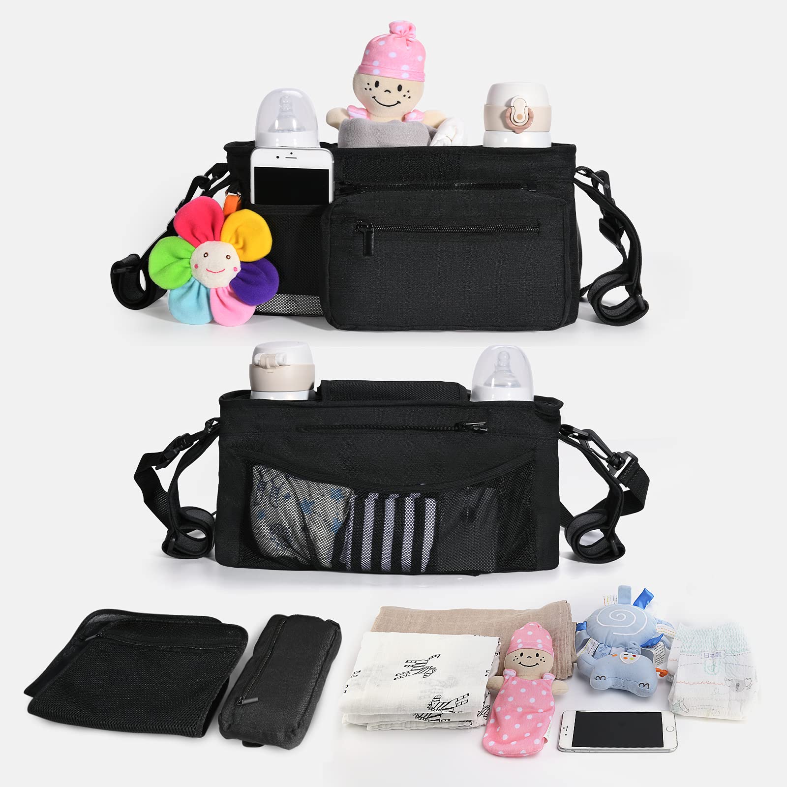 Momcozy non-slip stroller organizer insulated cup holder maintains drinks warm or cool on outings.