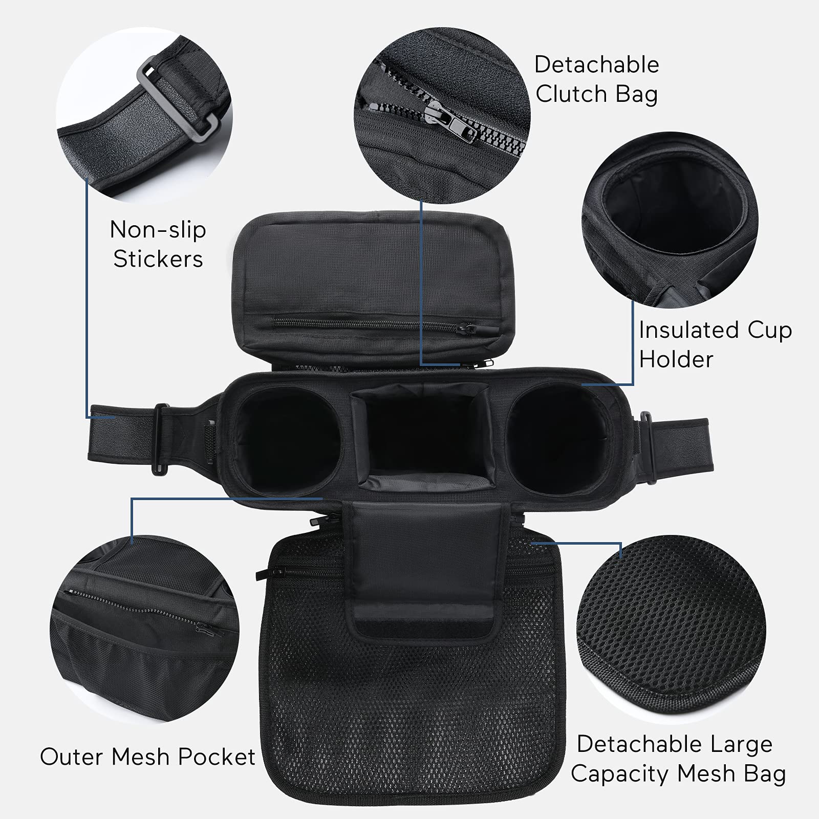 Momcozy non-slip stroller organizer with shoulder strap enables hands-free carrying when needed.