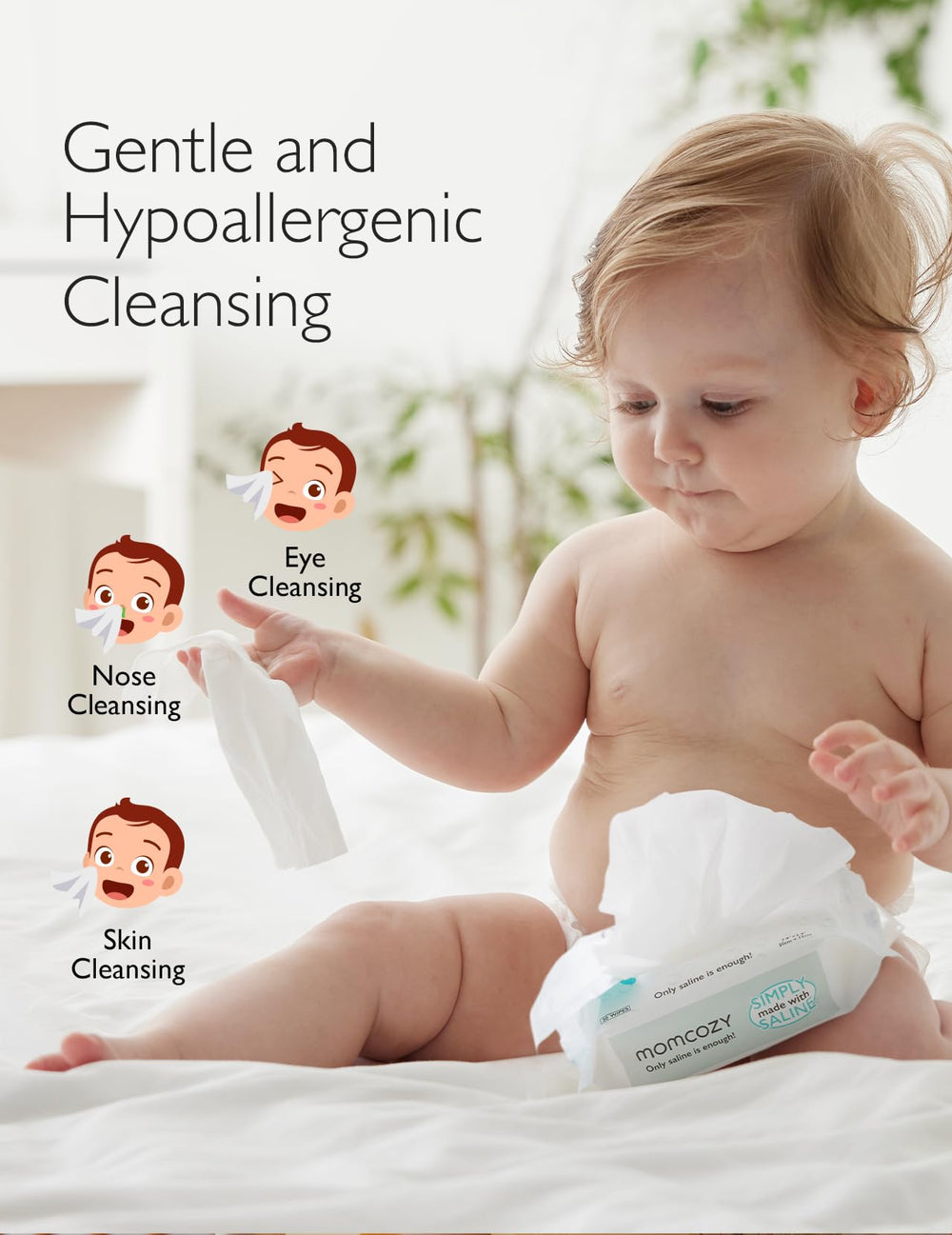 Momcozy nose saline wipes interlocking-pattern enables easy one-wipe dispensing.