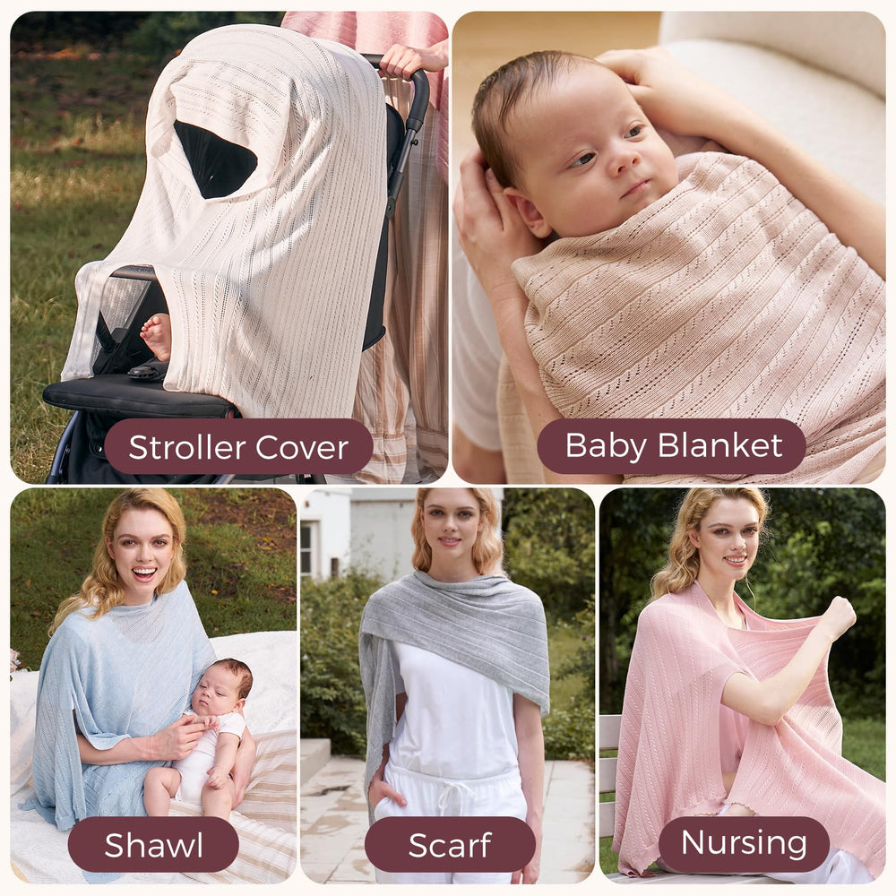 Momcozy pink nursing cover in use, suitable for feeding or pumping