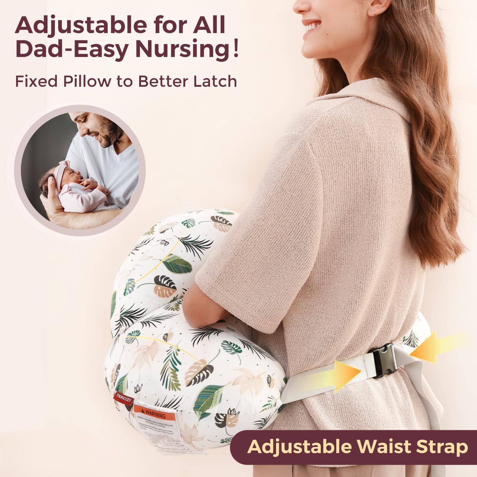Momcozy nursing pillow arm-support with wider sides for better comfort.