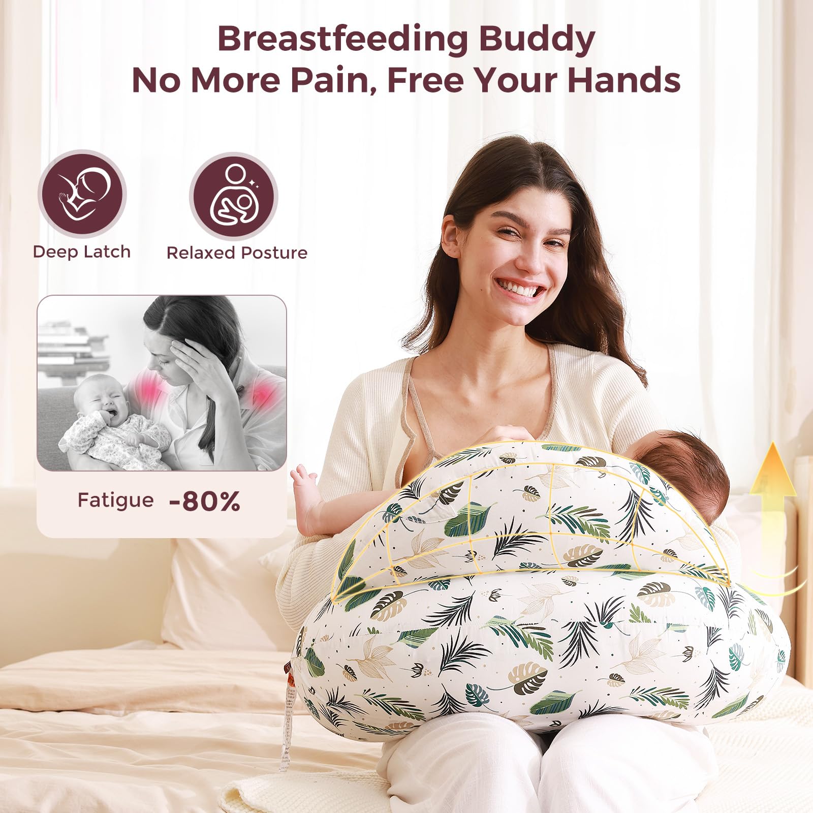 Momcozy nursing pillow cradle-design supports relaxed posture during feeding.