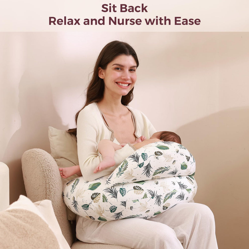 Momcozy nursing pillow vacuum packaging expansion notes fluff-up before use.