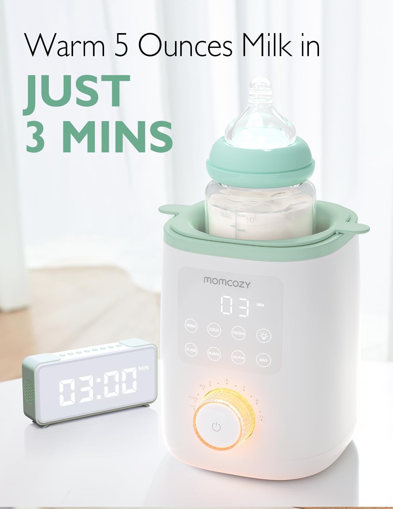 Momcozy Nutri bottle warmer in use warming milk quickly