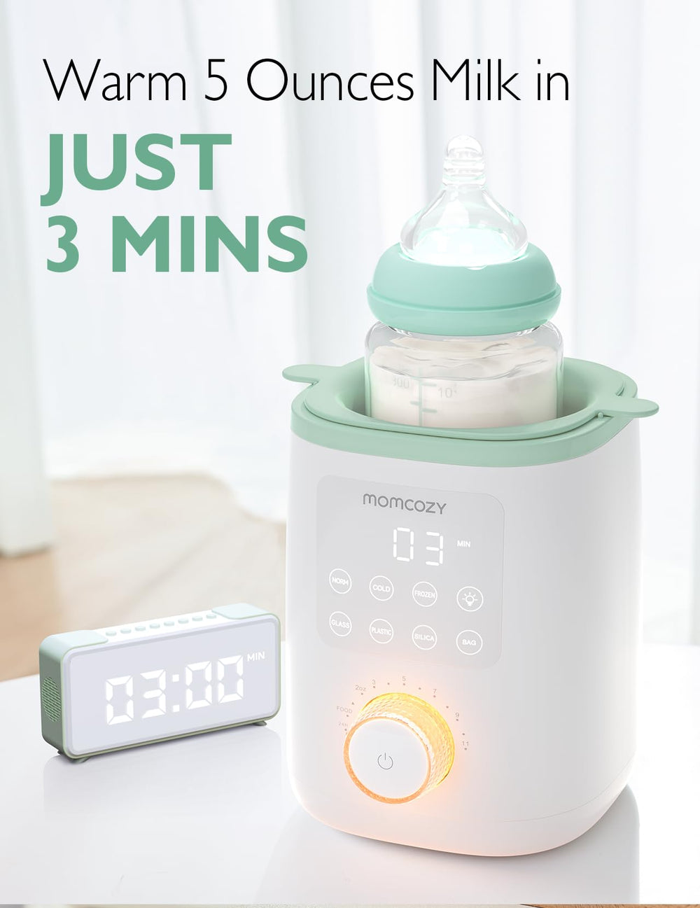 Momcozy Nutri bottle warmer in use warming milk quickly