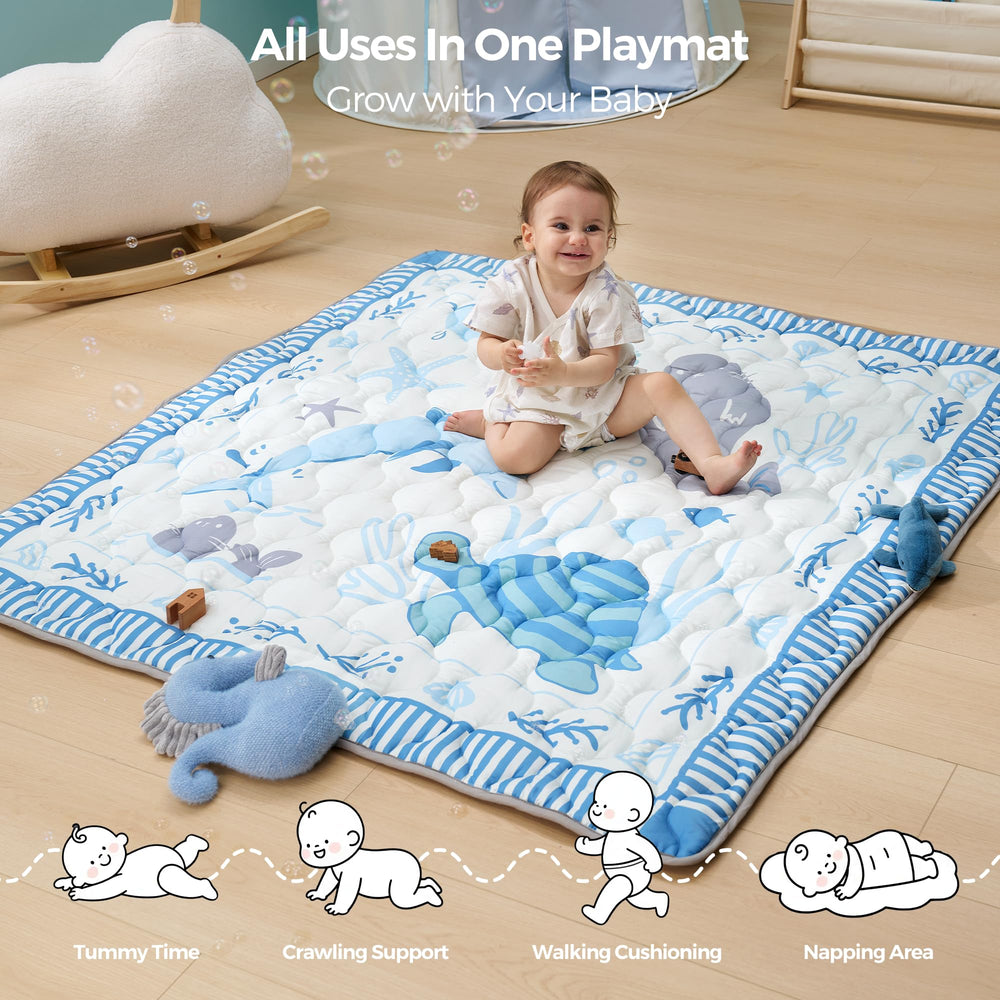 Momcozy Ocean Play Mat in use with family, promoting playful walking practice.