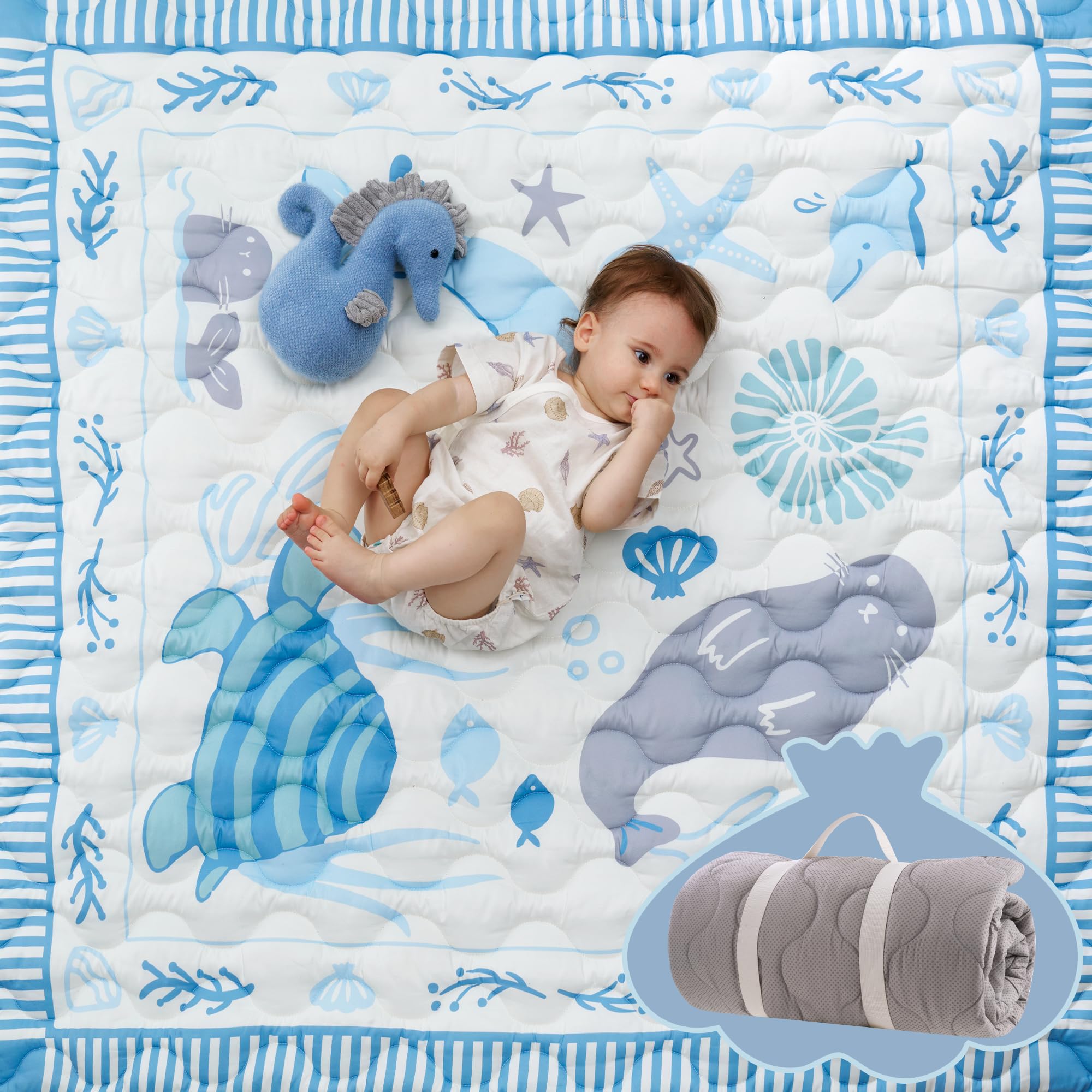 Momcozy Ocean Play Mat folded with carrying handle, portable for travel and outdoor picnics.