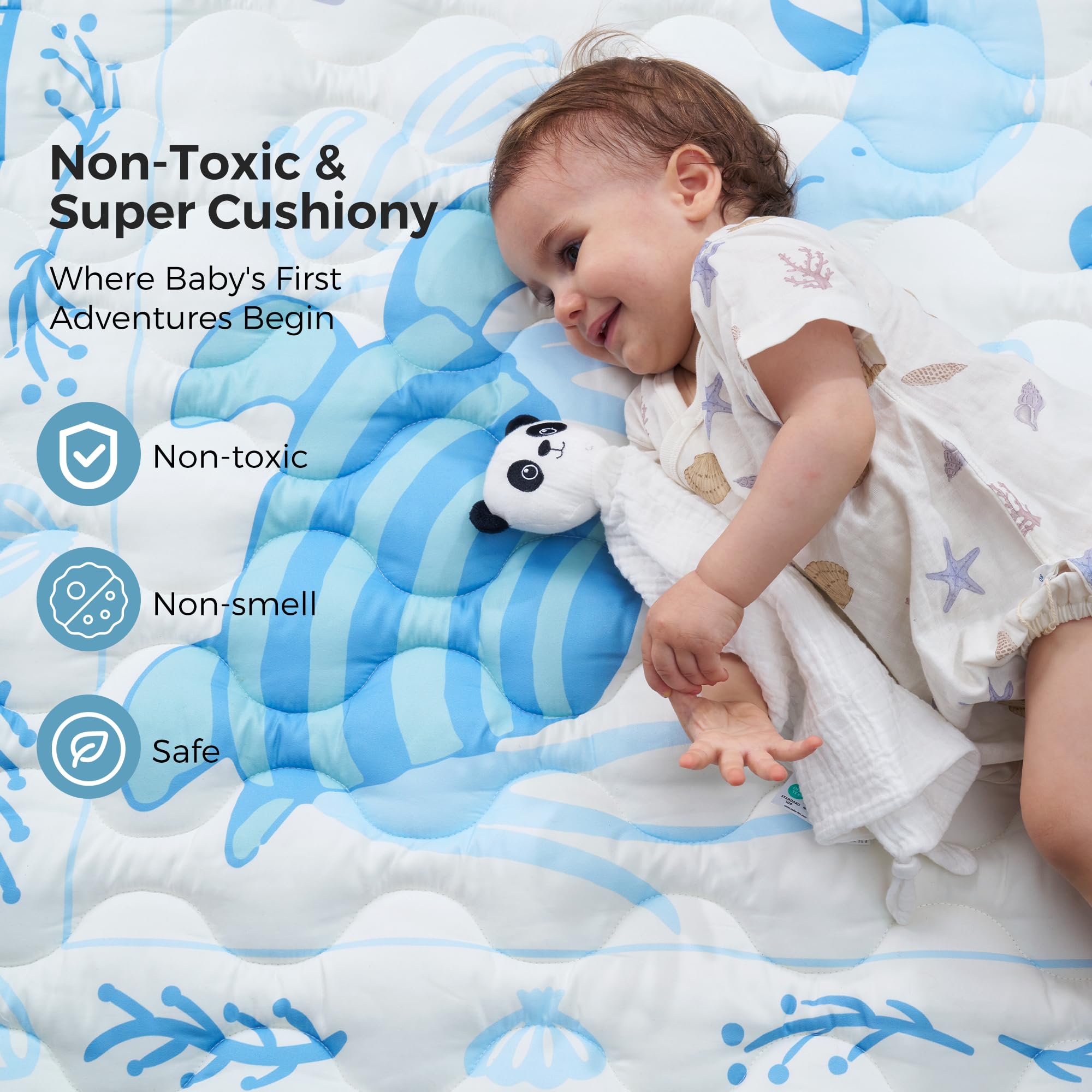 Momcozy Ocean Play Mat laid flat for tummy time and early crawling sessions.