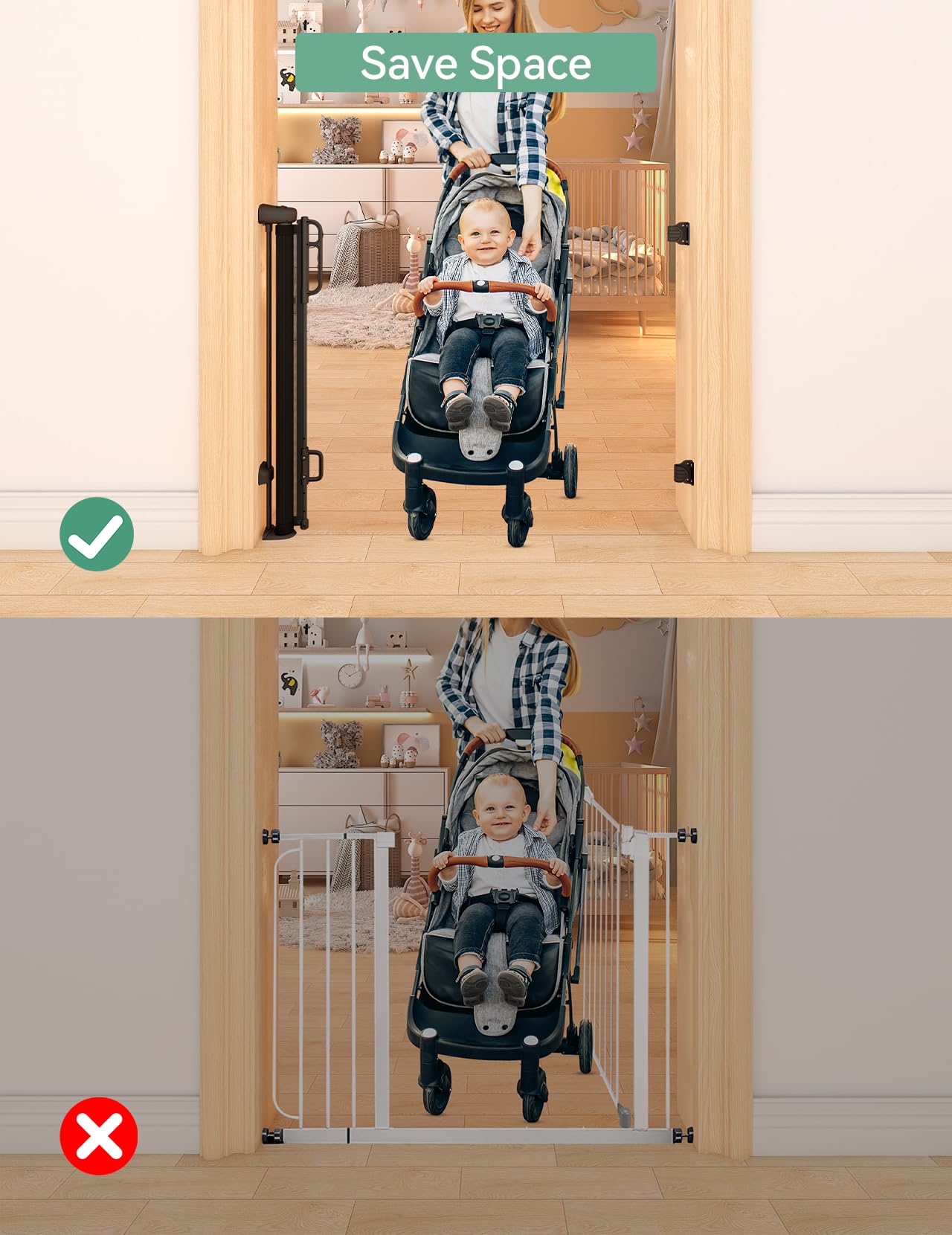 Momcozy one-handed latch operation enables quick passage with a baby in hand.