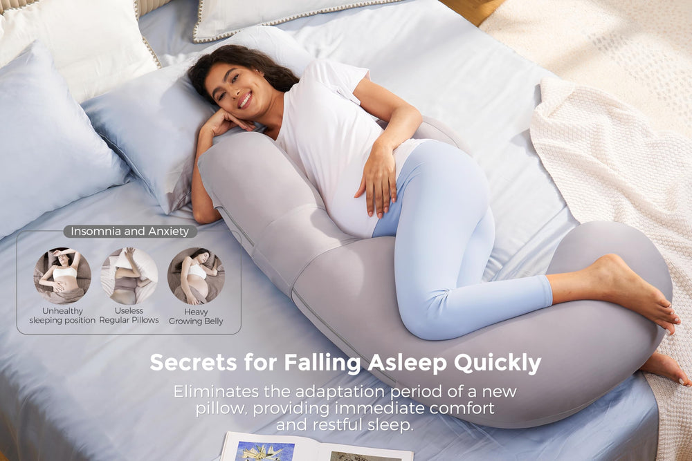 Momcozy original F-shaped maternity pillow demonstrates versatile back-and-belly support.