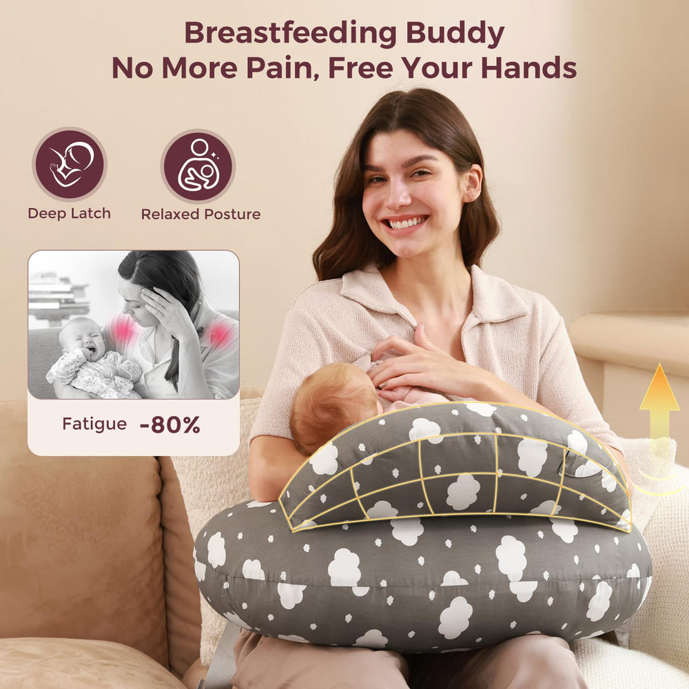 Momcozy Original nursing pillow with adjustable waist strap securing a comfortable fit.