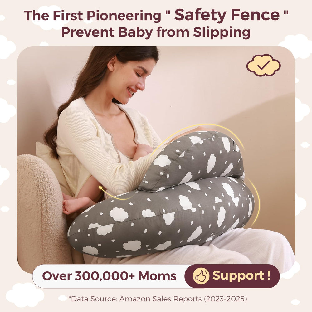 Momcozy Original nursing pillow in use for multi-month feeding and propping.