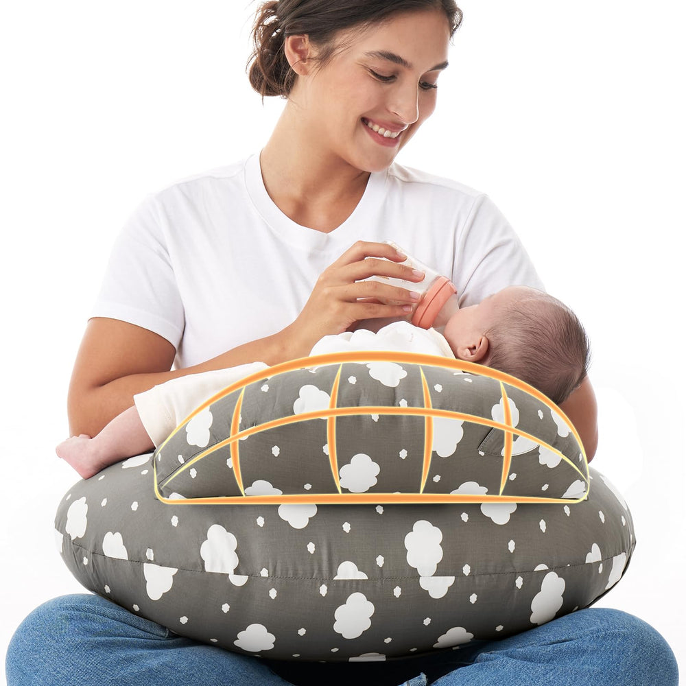 Momcozy Original nursing pillow safety fence close-up showing secure cradle for baby.